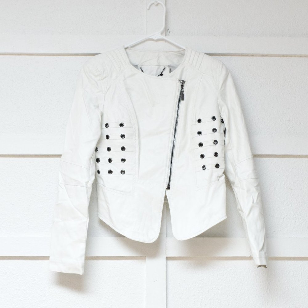 White Grommet Accented Faux Vegan Leather Moto Motorcycle Jacket | Size XS